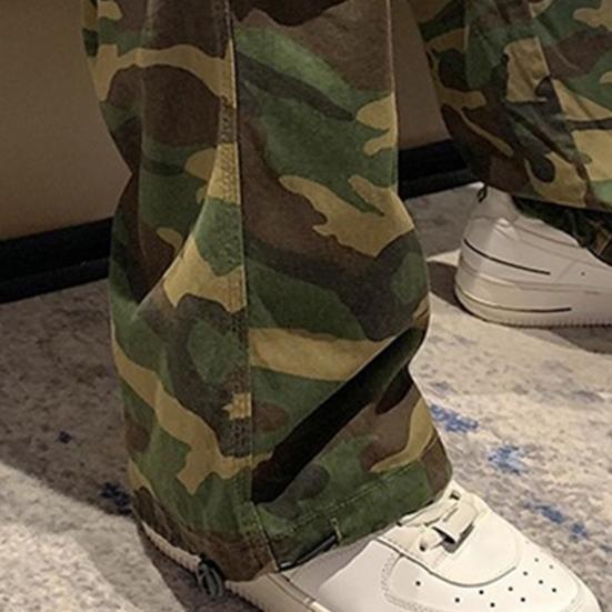 Men Cargo Pants Camouflage Drawstring Elastic Waist Wide Leg Autumn Vintage Jogging Trousers Streetwear