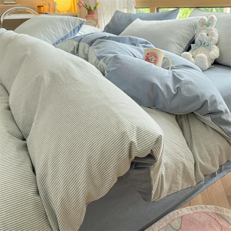 High Quality Striped Printed Pure Cotton Bedding Sets Skin Friendly Breathable Soft Quilt Kit Non Color Fading Bed Set