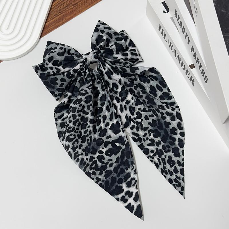 Vintage Leopard Print Bowknot Hairpin Long Ribbon Back Head Spring Clip Ponytail Headwear for Women Elegant Versatile Hairpin
