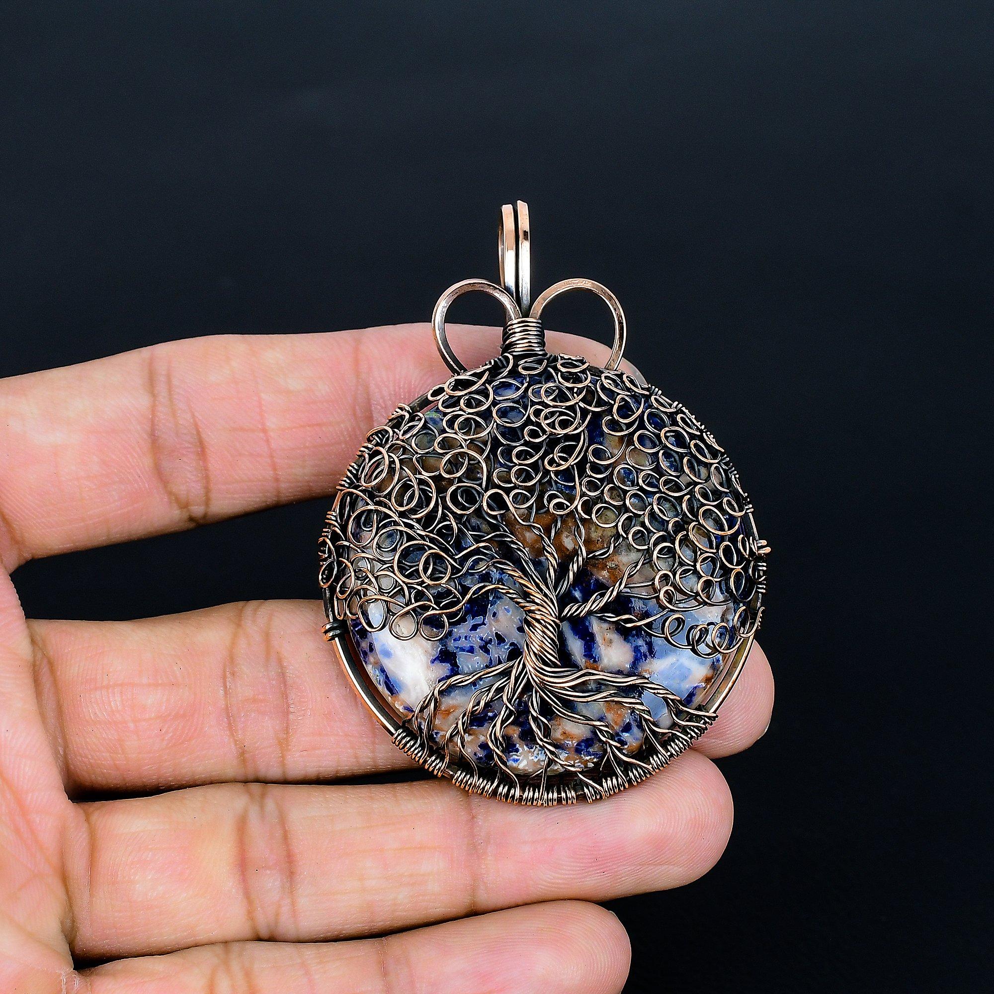 

Sodalite Pendant, Handmade Gemstone 999 Copper Wire Wrap Tree Of Life Pendant Antique Jewelry, For Gift Copper Jewelry 2.68 Inches