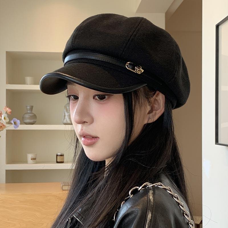 Autumn and winter new retro simple octagonal hat woolen thickened warm newsboy hat fashion painter hat shows small face