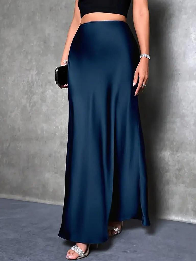Elegant Women's High-Waisted Solid Color Satin Fishtail Skirt - Extra Long Length, 2025 Collection.