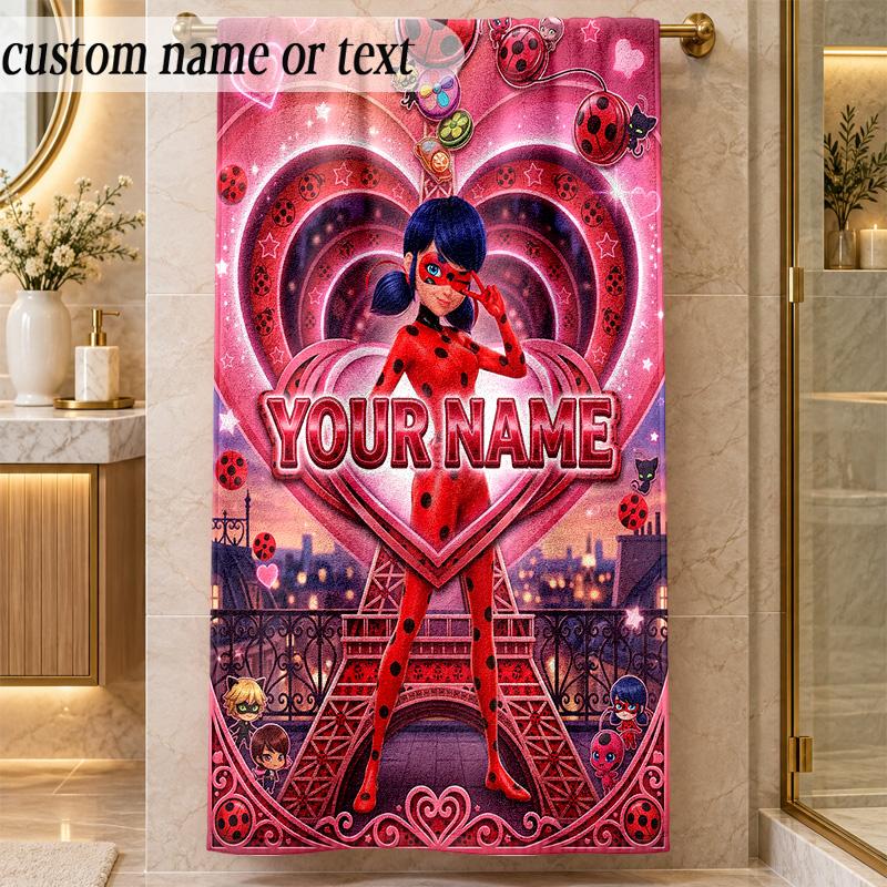 Beach TowelMiraculous Ladybug Custom Name Text Personalized Soft Towel for Beach Pool Indoor Home Decor Gift
