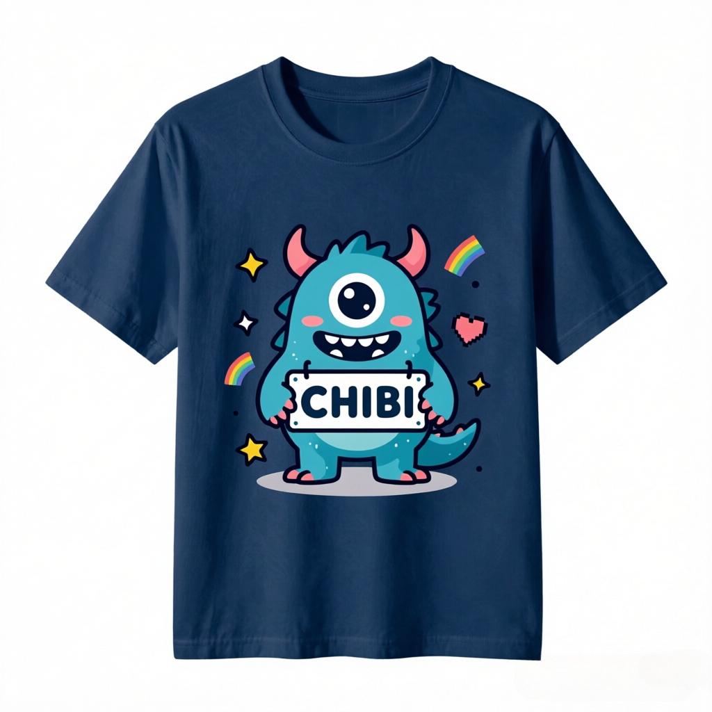 Unisexs Kawaii Chibi Blue Little Monster With Chibi Sign Print T Shirt Harajuku Casual Tee Unisex Summer Cotton Short Sleeve Tops