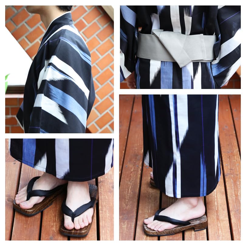 Yukata Set with Japanese Lotus Flower Size Includes and Geta Sandals 8(eight) Men's 3-Piece Pattern, Black, LL, Yukata, Obi,