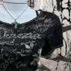 Camiseta de Manga Corta American Vintage Y2K Punk Rock con Pedrería de Cristal para Mujer Años 2000 Slim Sexy Casual Moda Ropa de Verano Ins