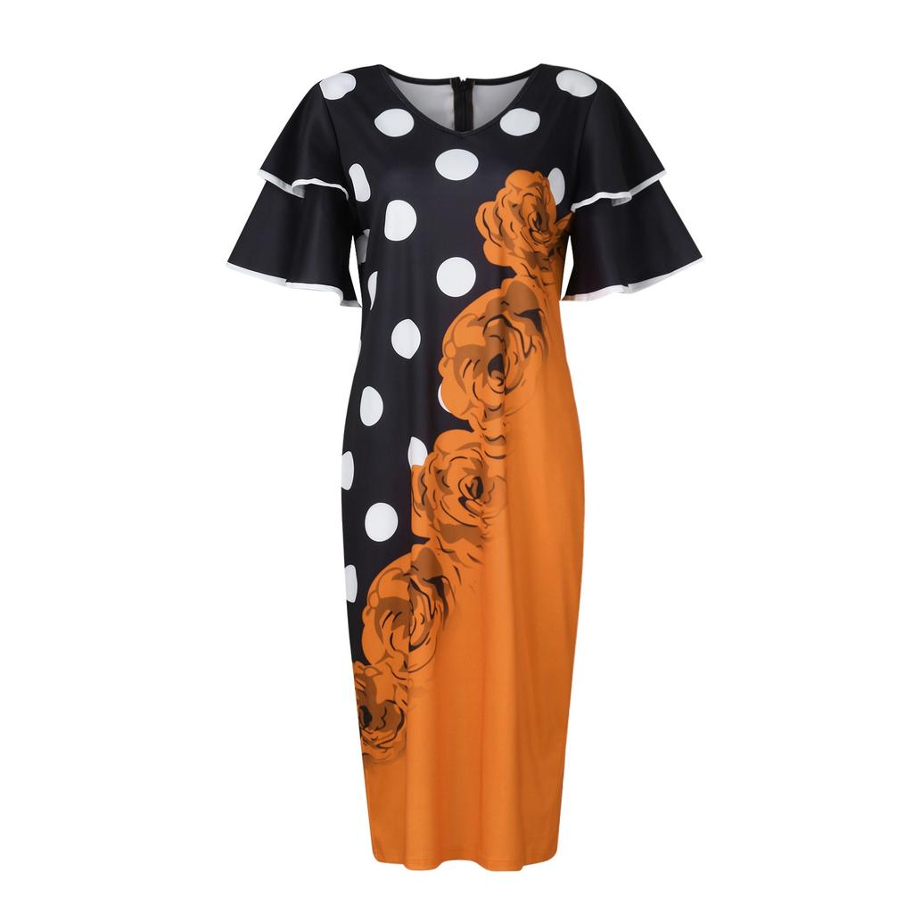 Women's Fashion Casual V-neck Flared Sleeves Large Size Printed Waist Slimming Short-sleeved Dress