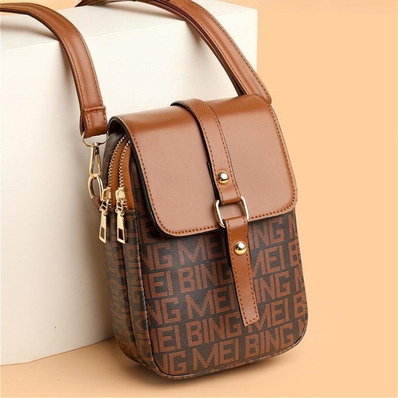 Women’s Crossbody Phone Bag, PU Leather Small Shoulder Purse with Flap & Zipper, Vintage Letter Print Mini Bag
