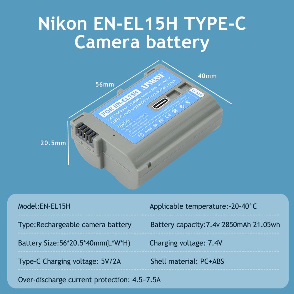 AJNWNM EN-EL15C EN-EL15B EN-EL15 Battery with Type-C Port for Nikon Z5 D850 Z6 Z7 D780 D750 D800 D810 D7000 D7500 Z6 Ii V1 Camera