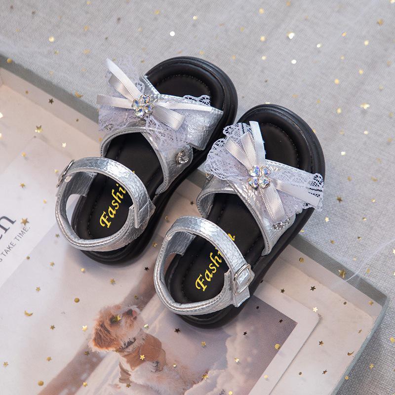 2026 Bow Open-Toe Soft Sole Non-Slip Waterproof Princess Style Kids  Sandals for Summer 30 серебряный