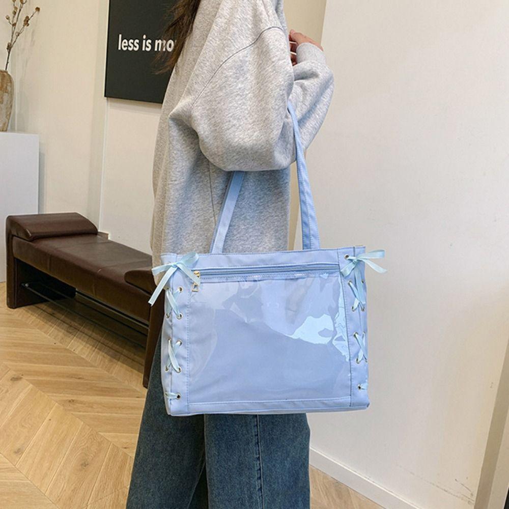Cross Ribbon Transparent Pocket Lace-up Shoulder Bag Portable Simple Itabag  Women