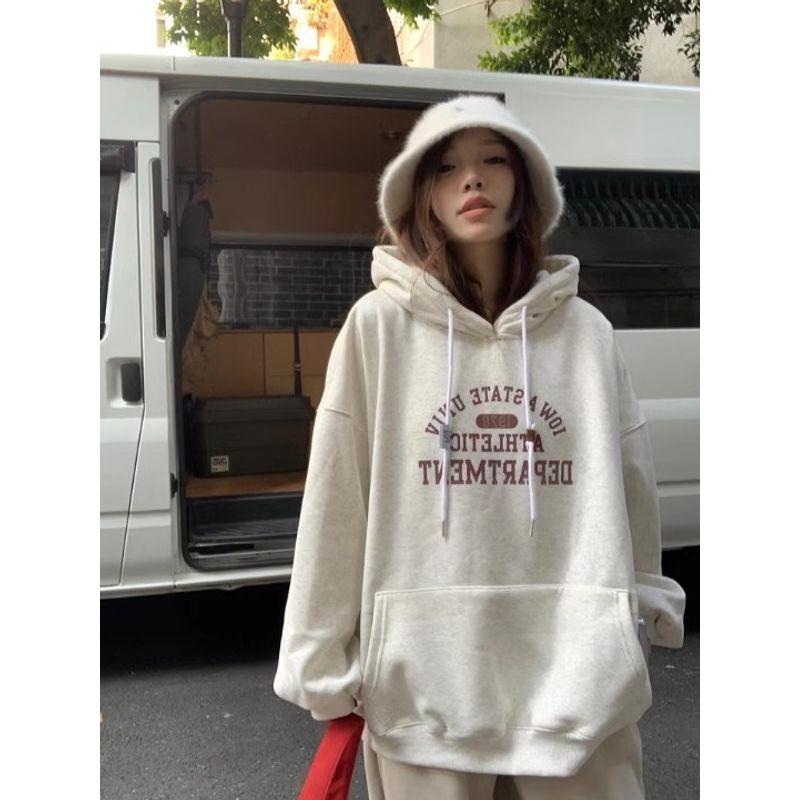 Retro Print Drawstring Hoodie Female New Arrival Loose and Lazy Style Autumn Fleece Thick Warm Jacket Tops
