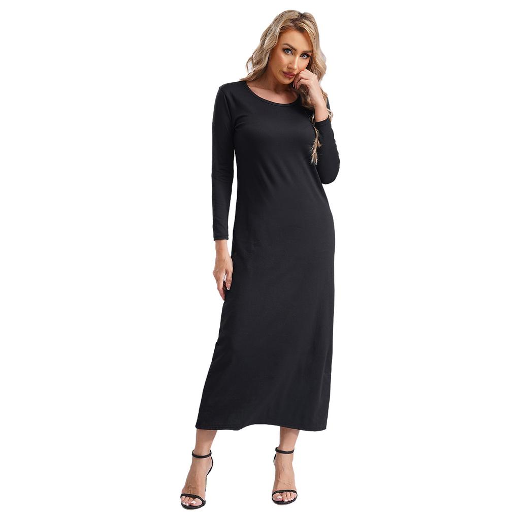 Damen Unifarbene Islamische Arabische Kleider Rundhalsausschnitt Langarm Muslimische Gebets-Langgewänder Locker Basic-Kleid für Freizeitkleidung