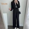 2 Teile/satz Frauen Mantel Hosen Set Revers Einreihige Strickjacke Langarm Jacke Breites Bein Hohe Taille Gerade Hose Dame Formale Pendler Outfit