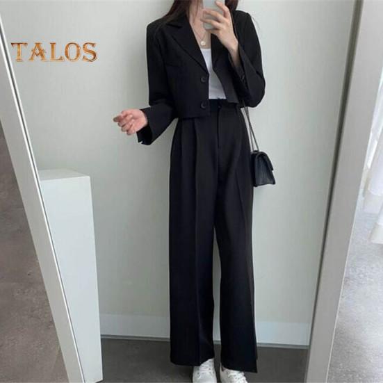 2 Teile/satz Frauen Mantel Hosen Set Revers Einreihige Strickjacke Langarm Jacke Breites Bein Hohe Taille Gerade Hose Dame Formale Pendler Outfit