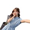 2026 Women's Summer Elegant Waist-Cinched Denim-Look Shirt Dress, Korean Style Mid-Length Skirt