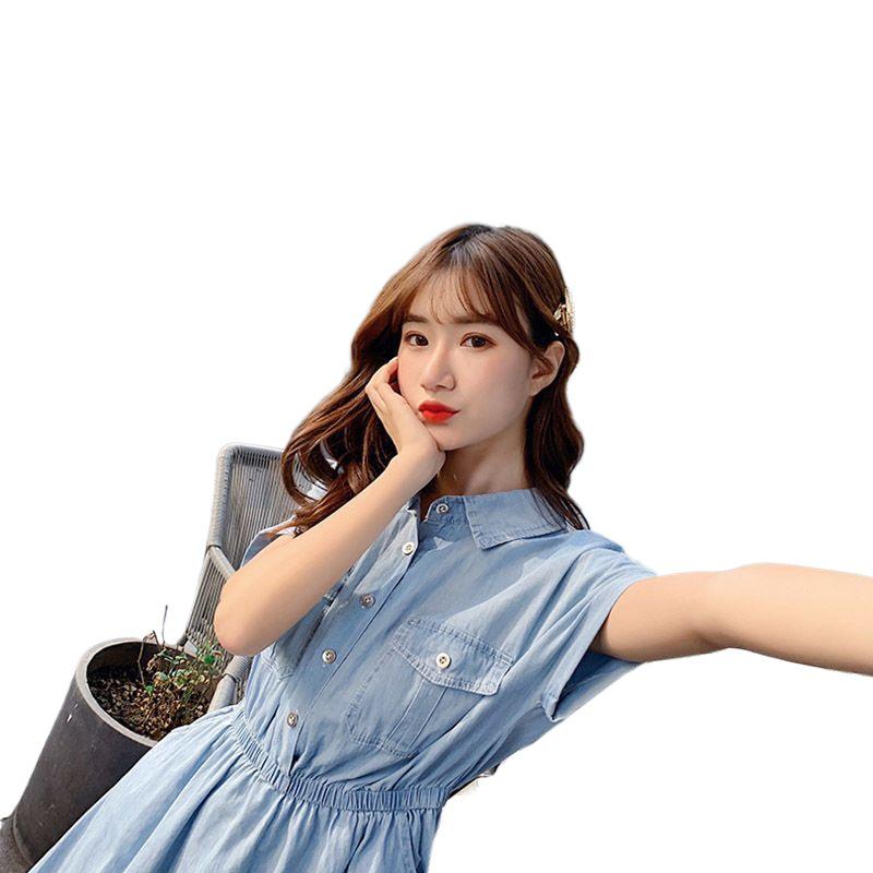2026 Women's Summer Elegant Waist-Cinched Denim-Look Shirt Dress, Korean Style Mid-Length Skirt