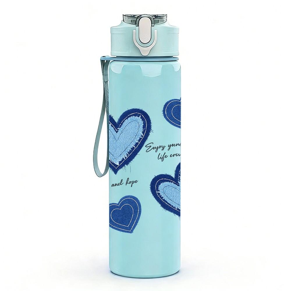1PC Stacked Blue Pastel Heart Print 750ml Color Plastic Sports Water Bottle Leakproof Flip Straw Lid Suitable for Sports Office Home Use