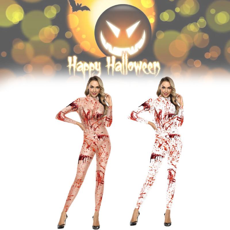 Trendy 2024 European And American Style Women's Halloween Jumpsuit With Bloodstain Digital Print Design