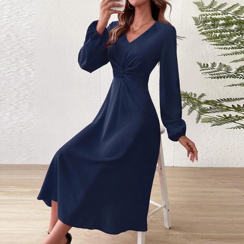Spring and Summer Fashion V-Neck Lantern Long Sleeved Dress with Twisted Edges, Elegant Mid Length Dress