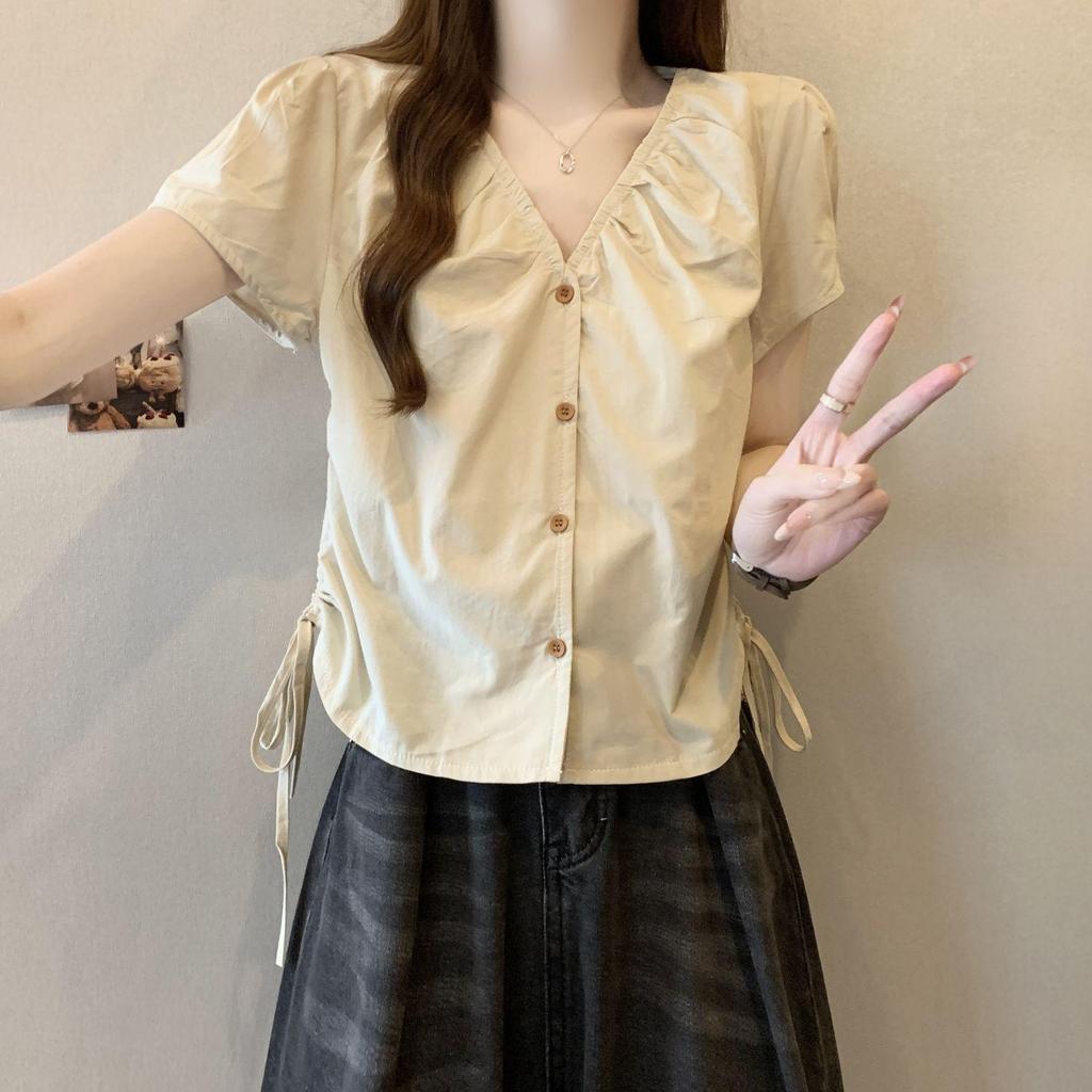 Plus Size V-Neck Drawstring Pleated Short Sleeve Summer Top for Women - Waist-Cinched Tummy-Covering Design