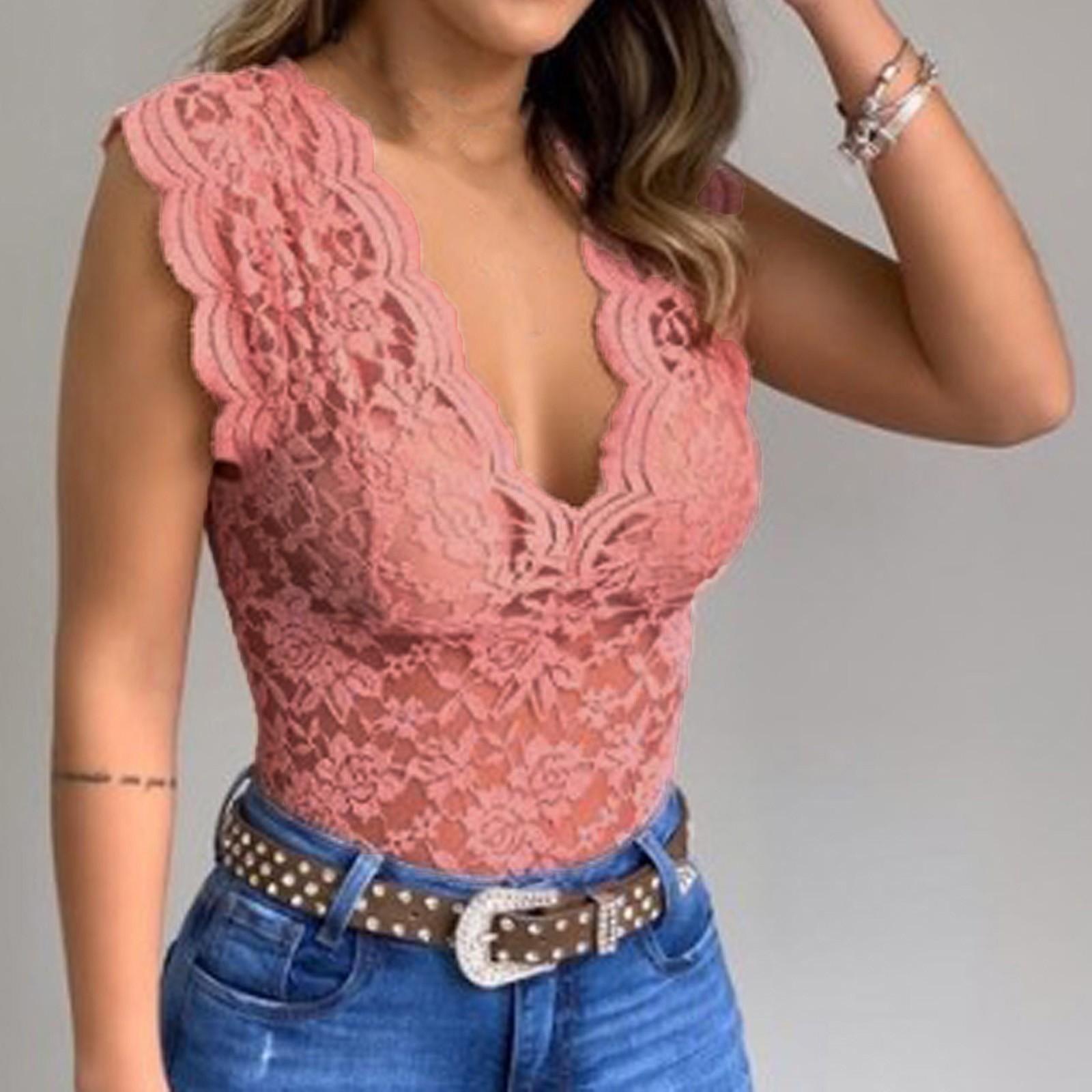

Женская повседневная сексуальная тонкая однотонная кружевная майка с v-образным вырезом, женское сексуальное кружевное эротическое белье M розовый