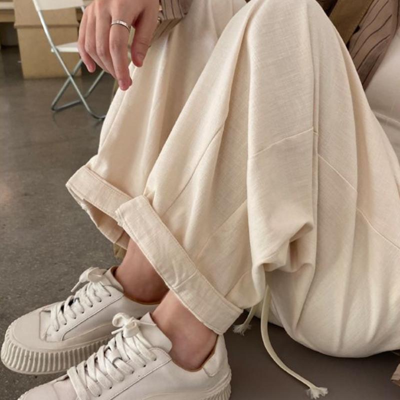 Women's Beige Cargo Pants | High-Waist Enzyme-Washed Cotton Japanese-Style Loose Lantern Carrot Straight Wide-Leg Casual Trousers for Spring-Autumn