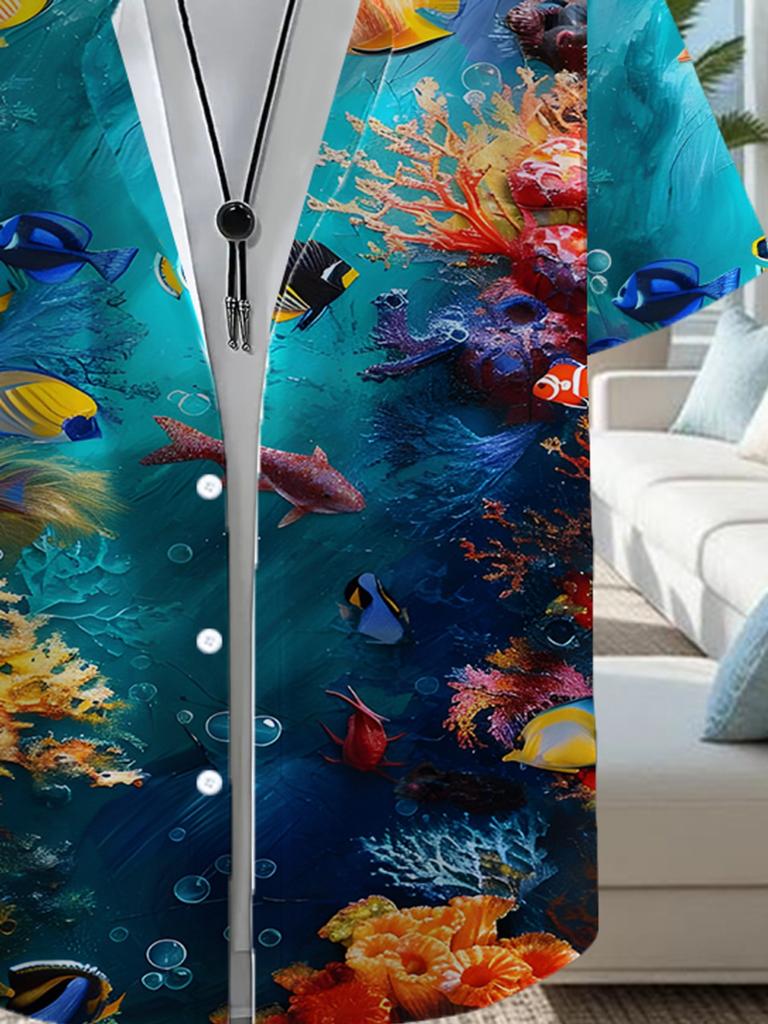 Herren Casual Hemd mit Unterwasserwelt-Print im tropischen Stil - Kurzärmelig, Knopfleiste, Helle Farben, Geeignet für Outdoor und Freizeit