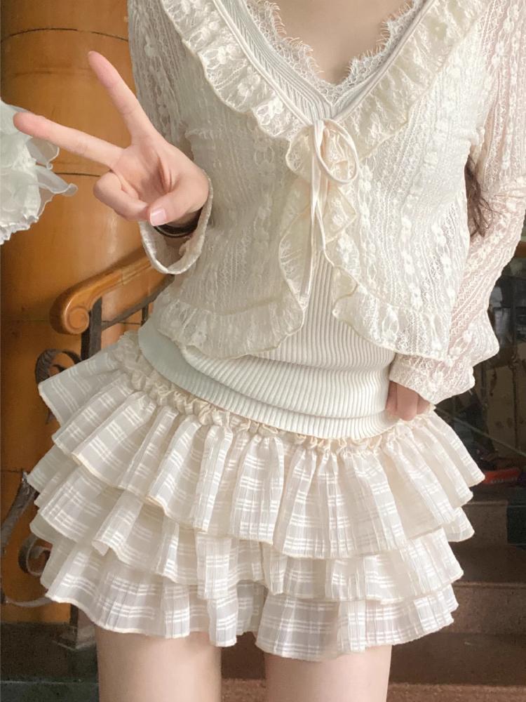 Kawaii Lolita Skjørt Shorts Kvinner Ruffle Patchwork Lagdelt Høy Midje Y2k Balletcore Miniskjørt Sommerfest Klubb