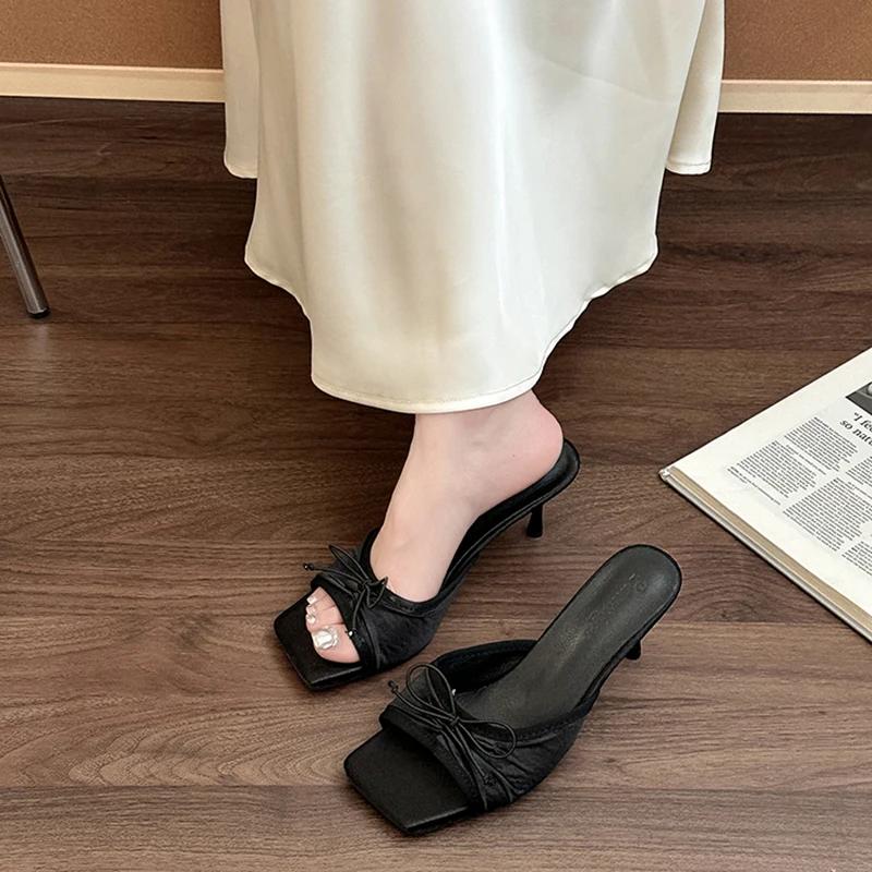 Fashion Summer High Heels New Women Slippers Fashion Square Toe Slip On Shoes for Women Outdoor Party Dress Slides High Heeled Sandals