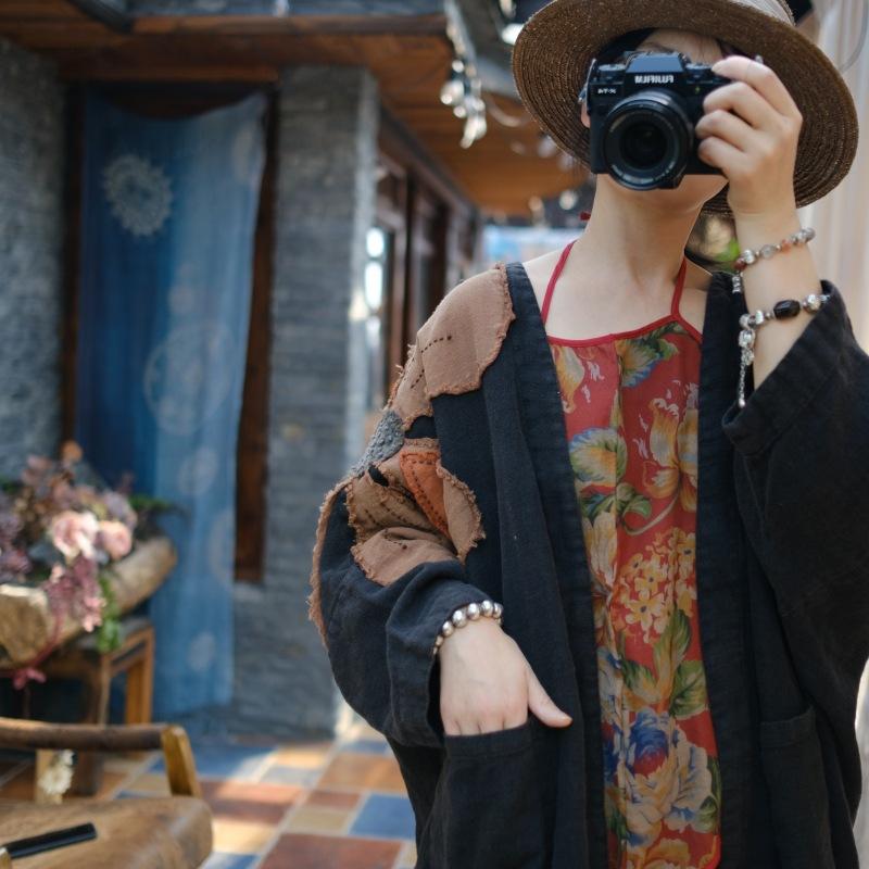 Johnature Women Vintage Patchwork Floral Trench Solid Color Linen Coats Autumn Long Sleeve Chinese Style Long Trench