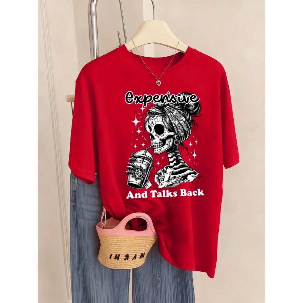 Expensive Talks Back Coffee Skulls Prints T-Shirt Women Sport Breathable T Shirts Crewneck Y2K Short Sleeve Tops