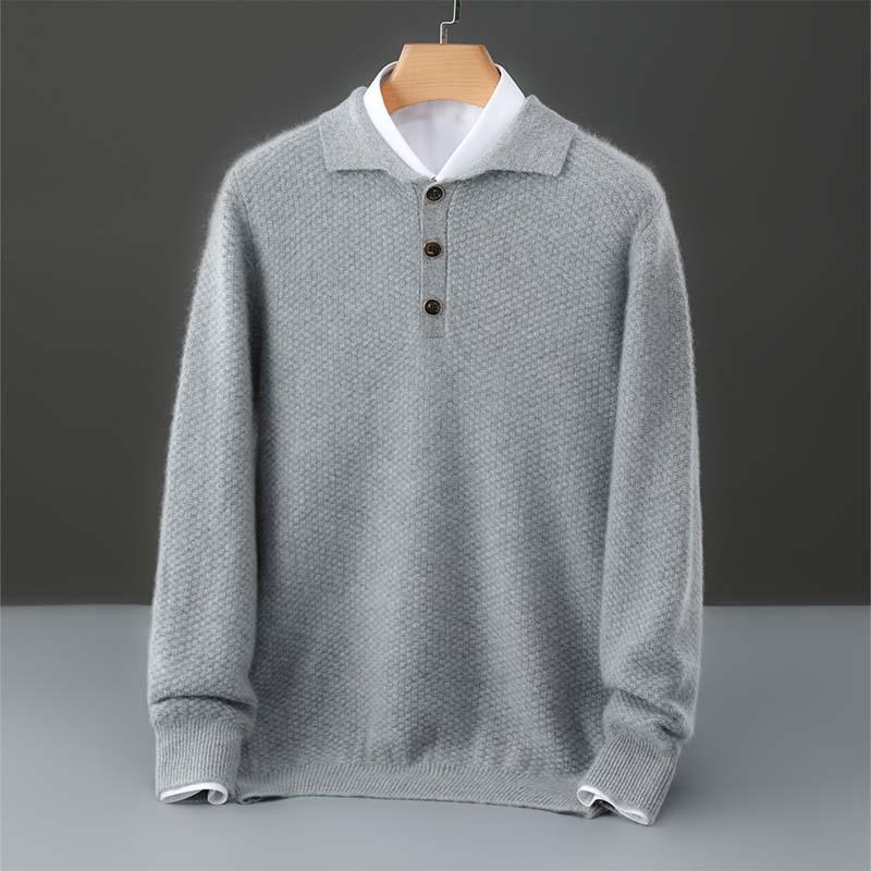 Men's Pure Wool Polo Collar Cardigan: Loose, Button-Up, Business Casual Cashmere Knit Sweater