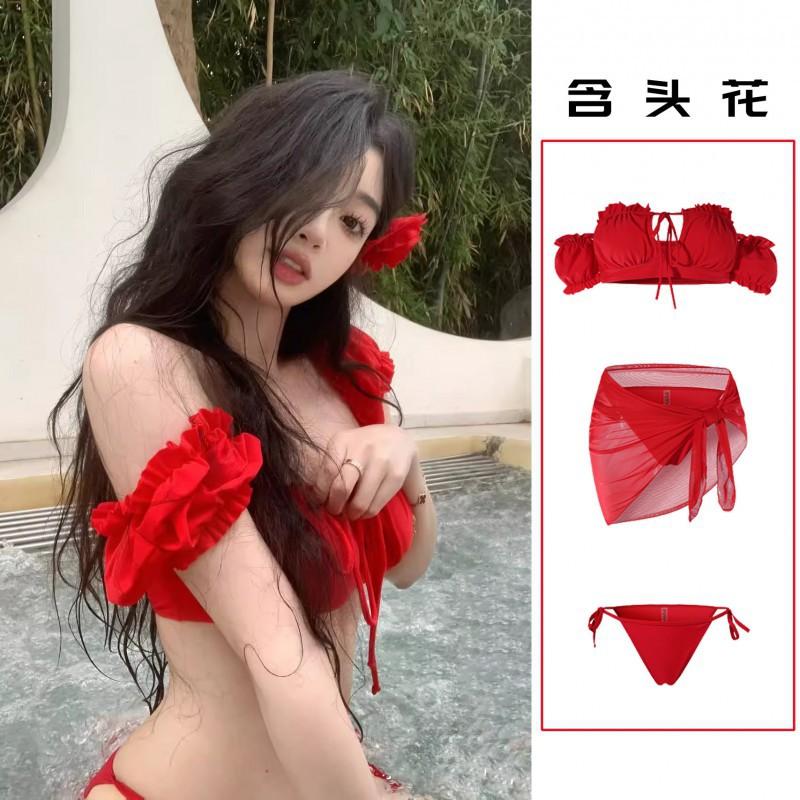 Bikini Swimsuit Feminine White Shoulder Small Chest Split Hot Seaside Vacation S