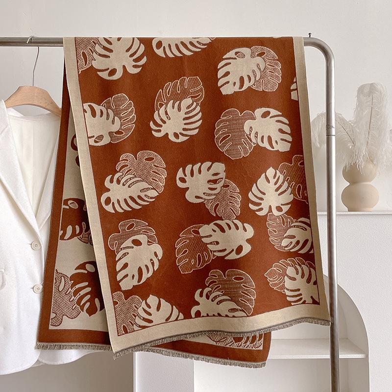 

Шарф из имитации кашемира с двухсторонним принтом листьев контрастных цветов, зимняя высококачественная теплая шаль для женщин 185cm коричневый