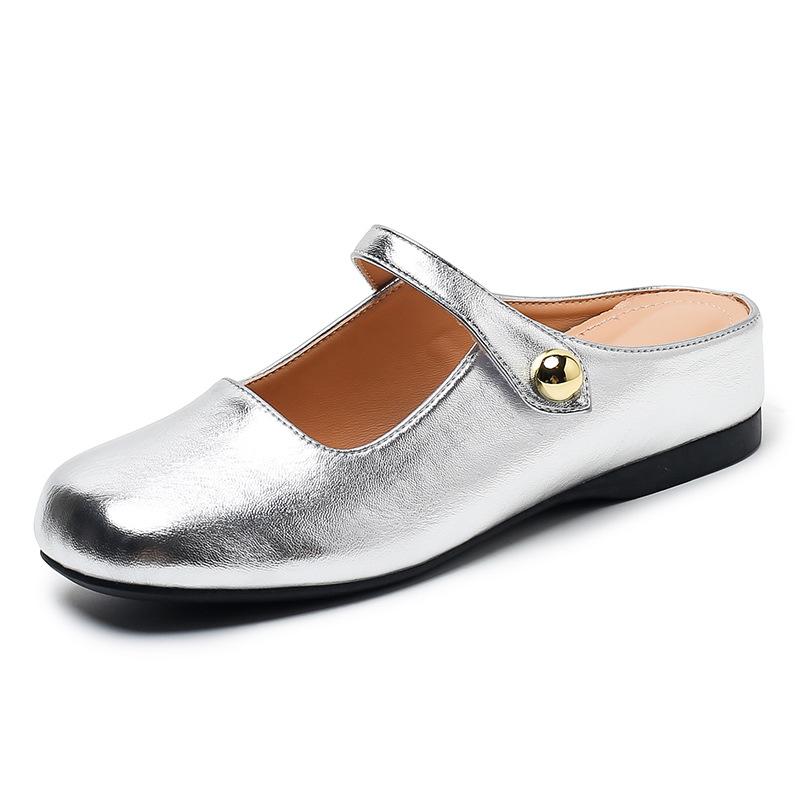 

Small inner height increase shallow mouth ballet shoes one word buckle belt square head half slippers women summer wear high 34 срібний