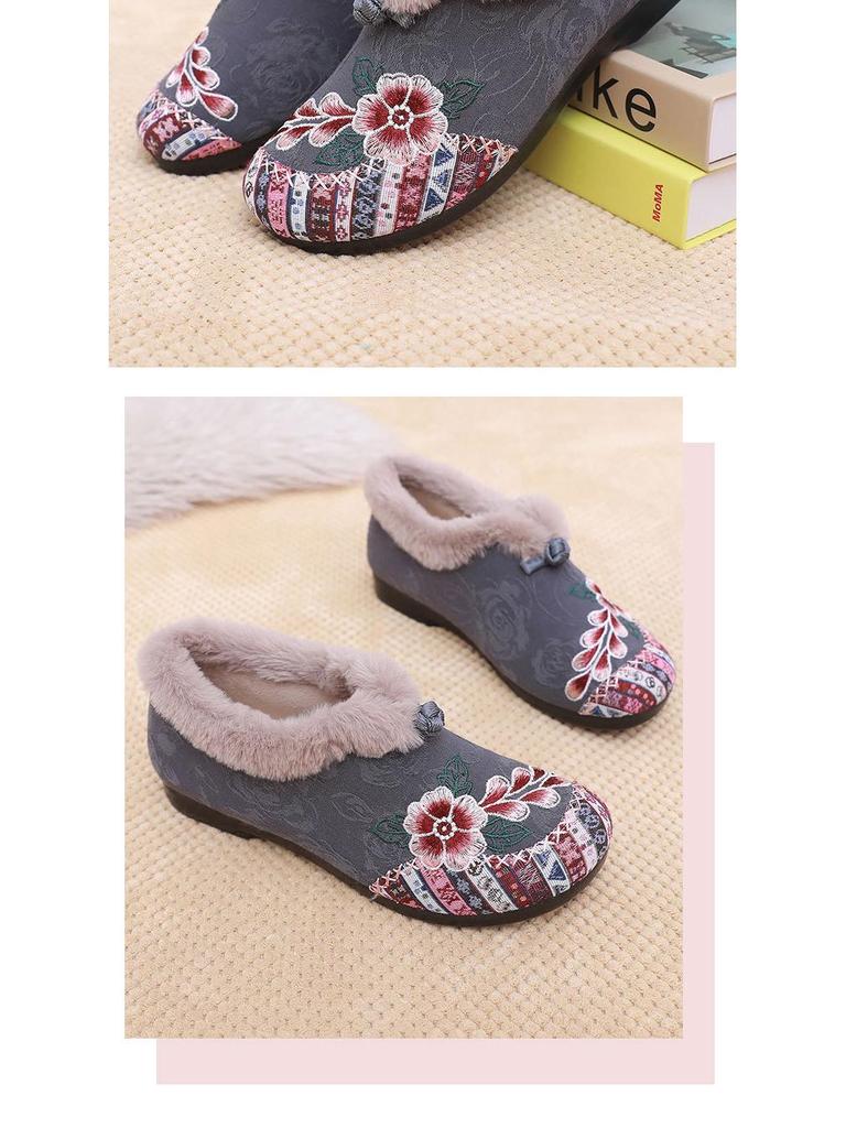Warm Ethnic Style Embroidered Cotton Shoes – Soft-Soled Fur-Lined Comfort for Middle-Aged & Elderly
