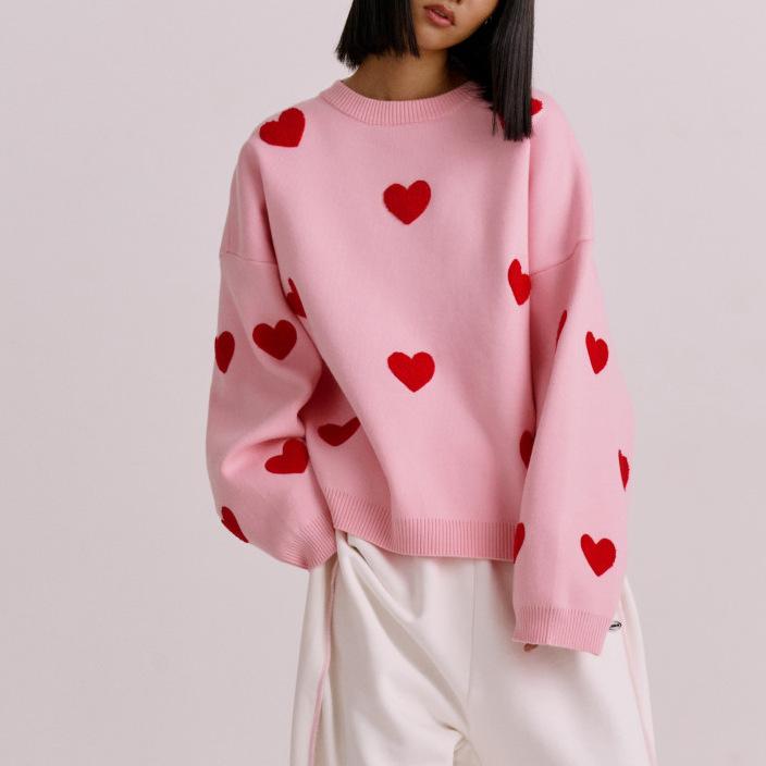 Suéteres tejidos con corazón de amor para mujer, jerséis bordados informales con cuello redondo, Tops de manga larga Y2k, prendas de punto