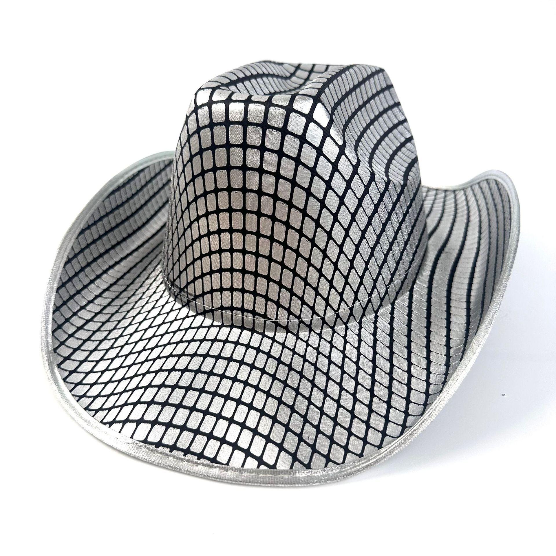 

Gold Bronzing Cloth Gold Plaid Western Cowboy Hat Ballroom Style Silver Halloween Hat Men S And Women S Top Hats M（56-58cm） срібний
