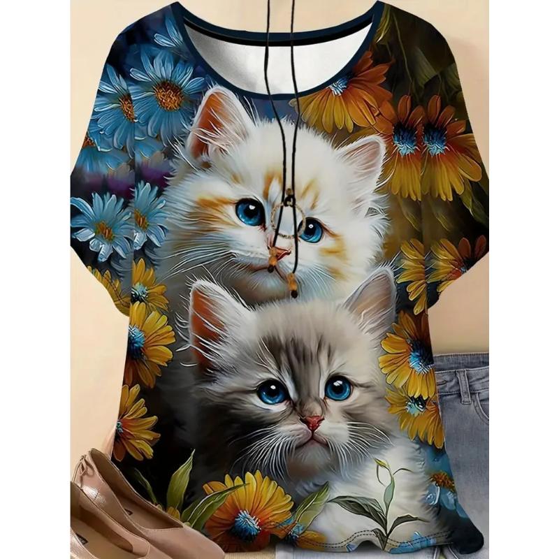 Fashion Women's Crew Neck Short Sleeve 3D Animal Color Printing Animal Short Sleeve Crew Neck T-Shirt