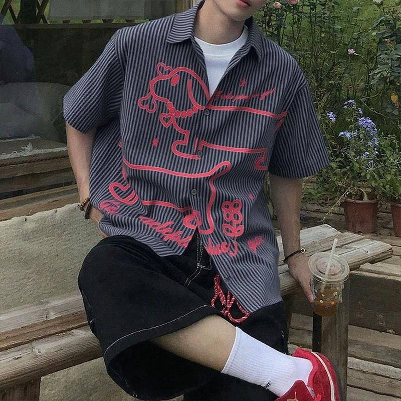 

INCERUN Men Oversized Short Sleeve Shirts Casual Loose Stiped Print Tops S чёрный