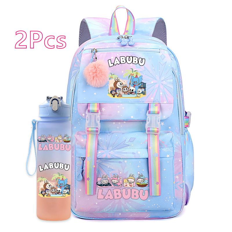 2Pcs/set Cute Printed Backpack with 750Ml Outdoor Sports Water Bottle Student Girl Boy Schoolbag Large Capacity Travel Bag Gift