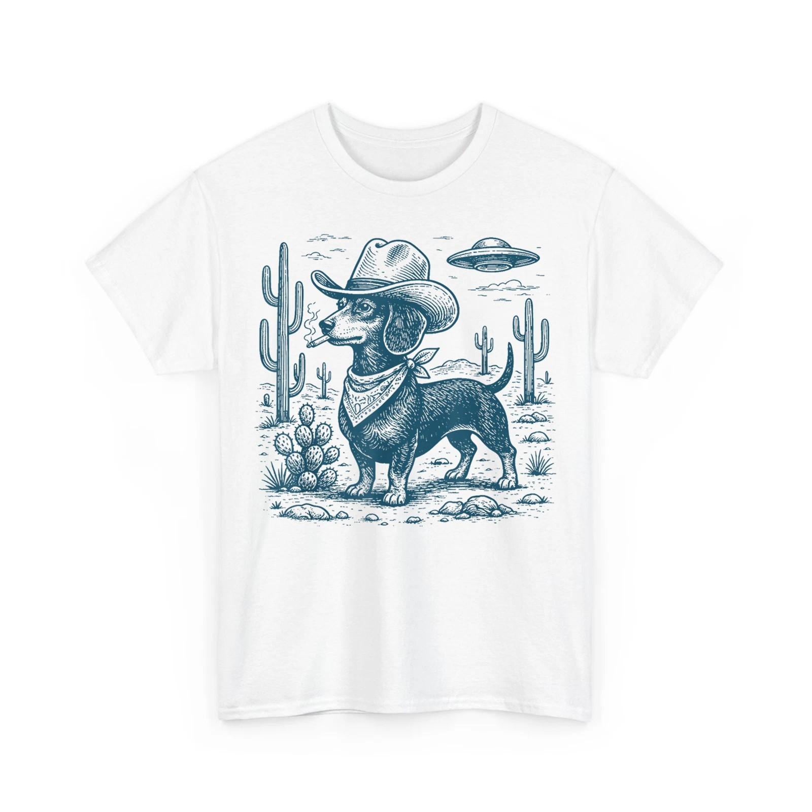 Western Cowboy Dog Smoking with UFO Dachshund Dog Funny Unisex T-Shirt S