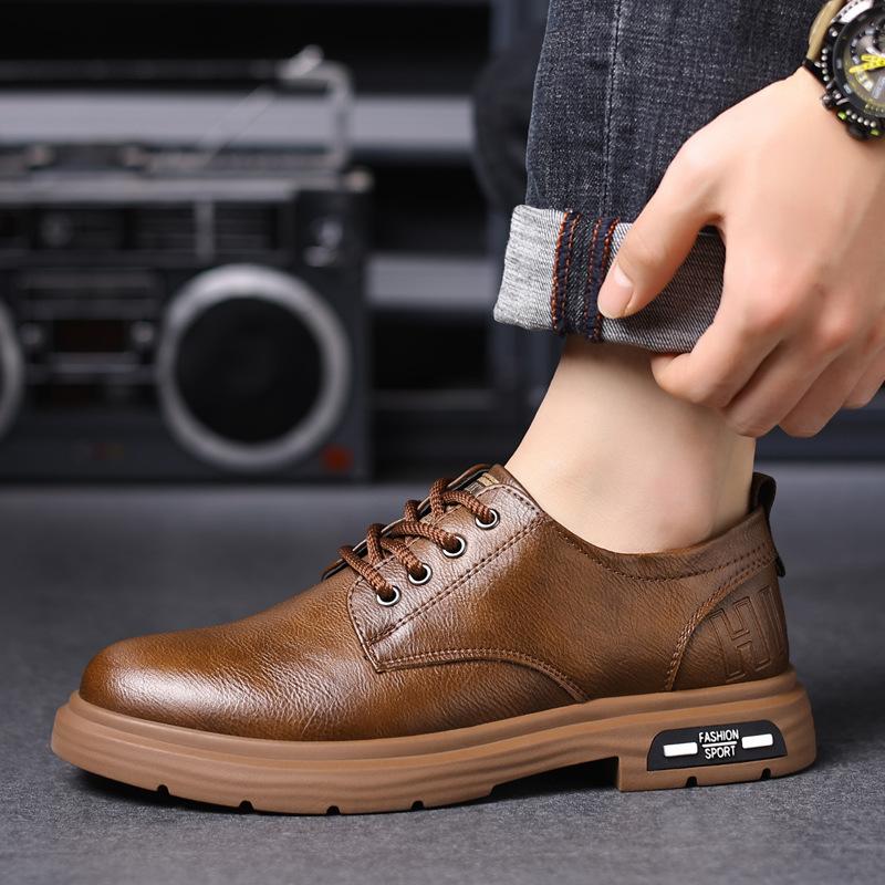 Spring Derby Shoes Men's Low Top Martin Boots British Style Round Head Big Head Shoes Black Tooling Shoes Platform Casual Leather Shoes