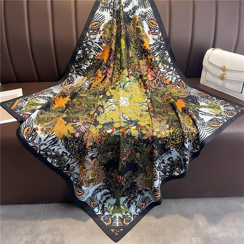 Women Luxury Designer Scarf Bohemian Vintage Floral Silk Scarves Square Small Handkerchief Neck Snood Bag Hijab 90*90Cm