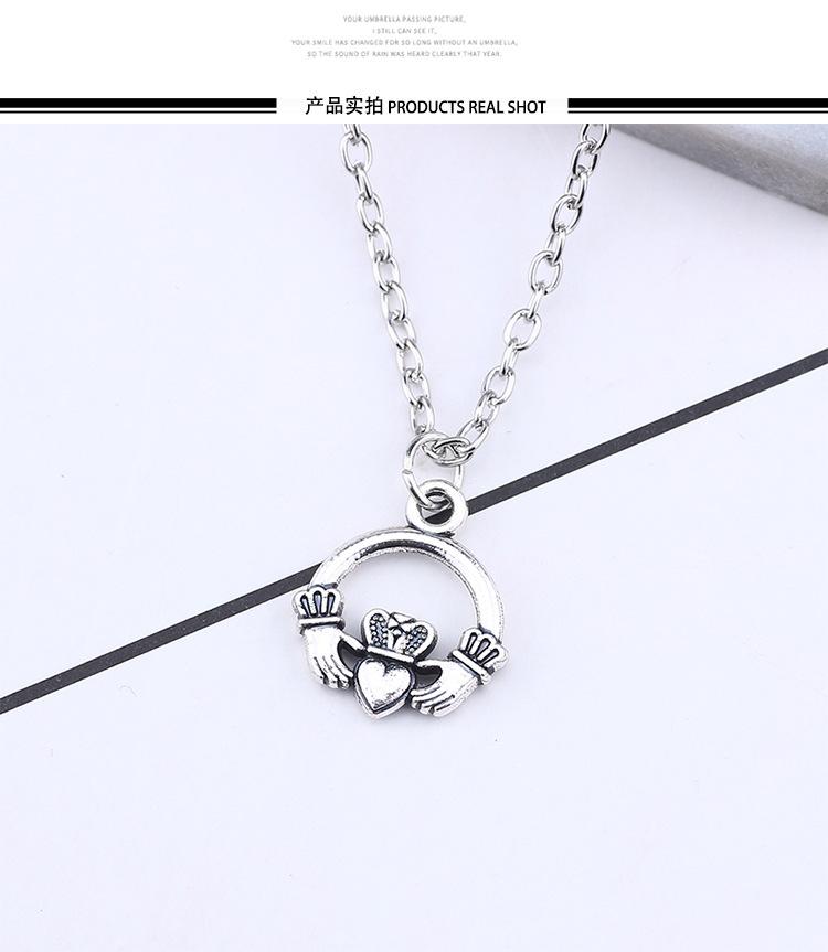 Retro Crown Necklace with Hands Holding Heart Pattern Ornament Christmas Birthday Gift