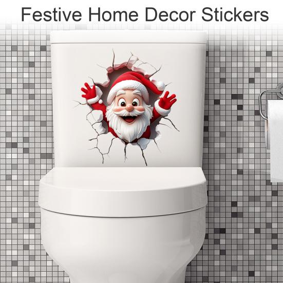 Festive Store Atmosphere Decor Christmas Toilet Sticker, Funny Santa Claus Lid Tank 3D Hole Effect Wall Art Self-Adhesive Waterproof PVC Decal