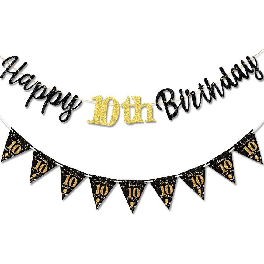 16th Birthday Decorations Banner Boys Girls, Black Gold Happy 16thBirthday Banners for Girls Boys (Birthday 16th) Birthday 10th