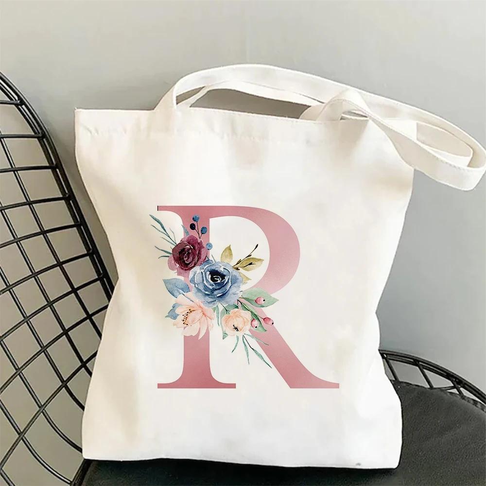 Blumen Alphabet A-Z Damen Einkaufs-Tragetaschen Canvas Große Kapazität Studenten Toilettenartikel Organizer Lässige Tragetasche Buchstaben-Taschen Geschenk