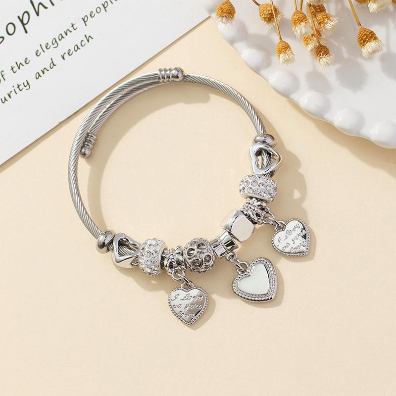 DIY Beaded Bracelet with Stainless Steel Loop Charms Crystal Rhinestone Ball Alloy Heart Letter Charms Jewelry